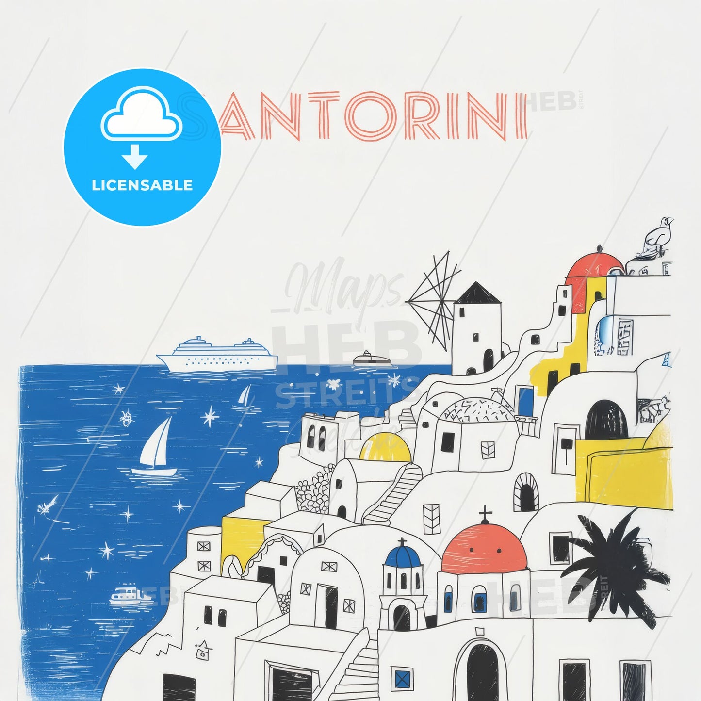 Whimsical Santorini: A Vibrant Folk Art Illustration of Greece's Iconic Coastline