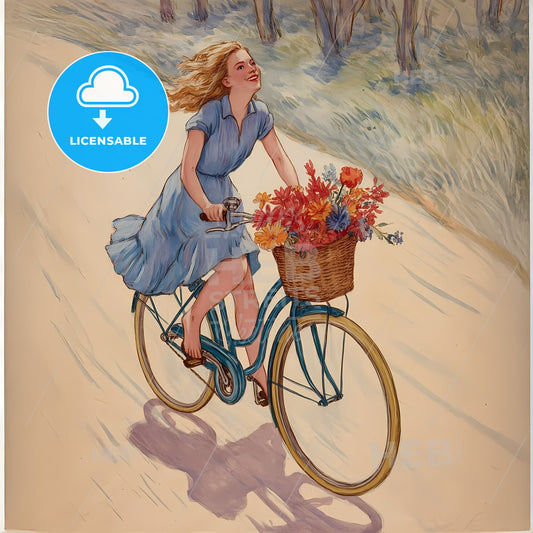 Whimsical Summer Ride: Joyful Cyclist with Floral Basket in Motion