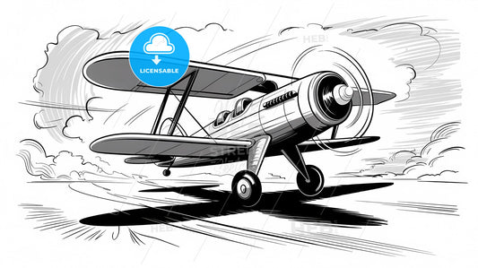 Whimsical Vintage Aircraft Soaring: A Charming Black and White Sketch