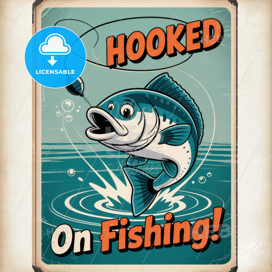 Whimsical Vintage-Inspired Fishing Print: 'HOOKED' Retro Cartoon Art
