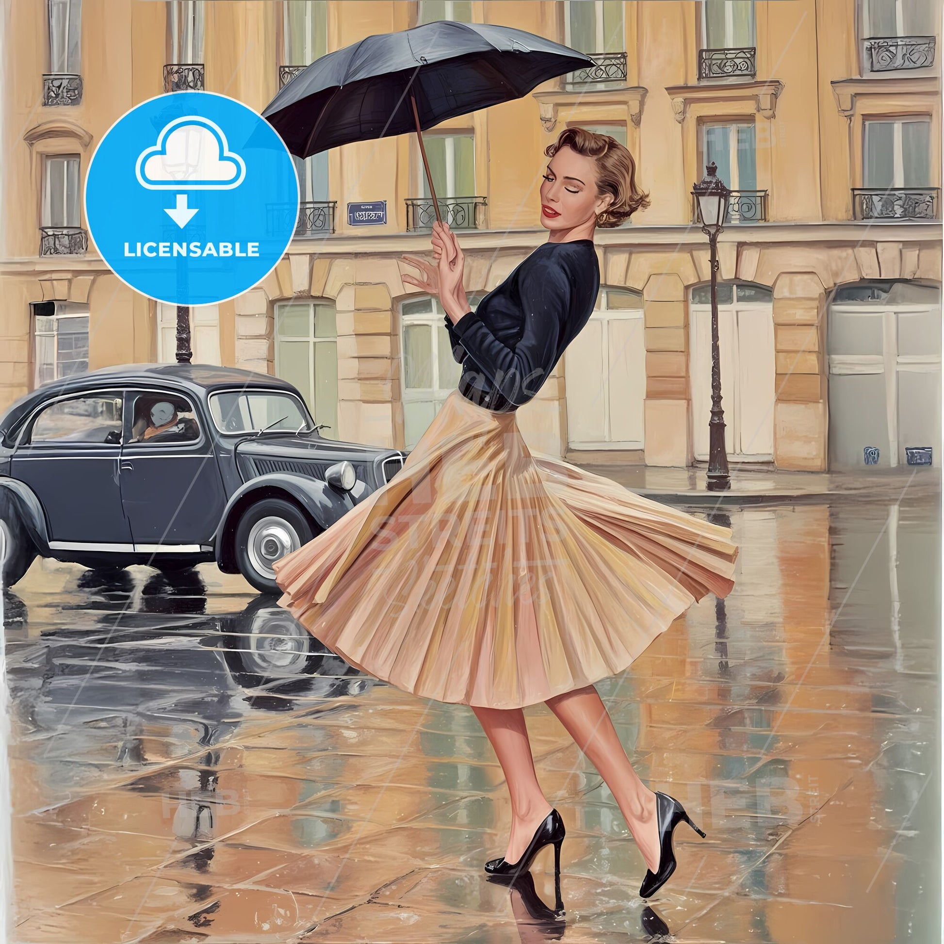 Whirlwinds of Paris: Elegance and Rain on a 1940s Boulevard