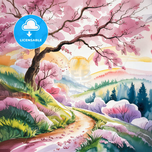 Whispers of Spring: A Dreamy Watercolor Landscape with Cherry Blossoms in Bloom
