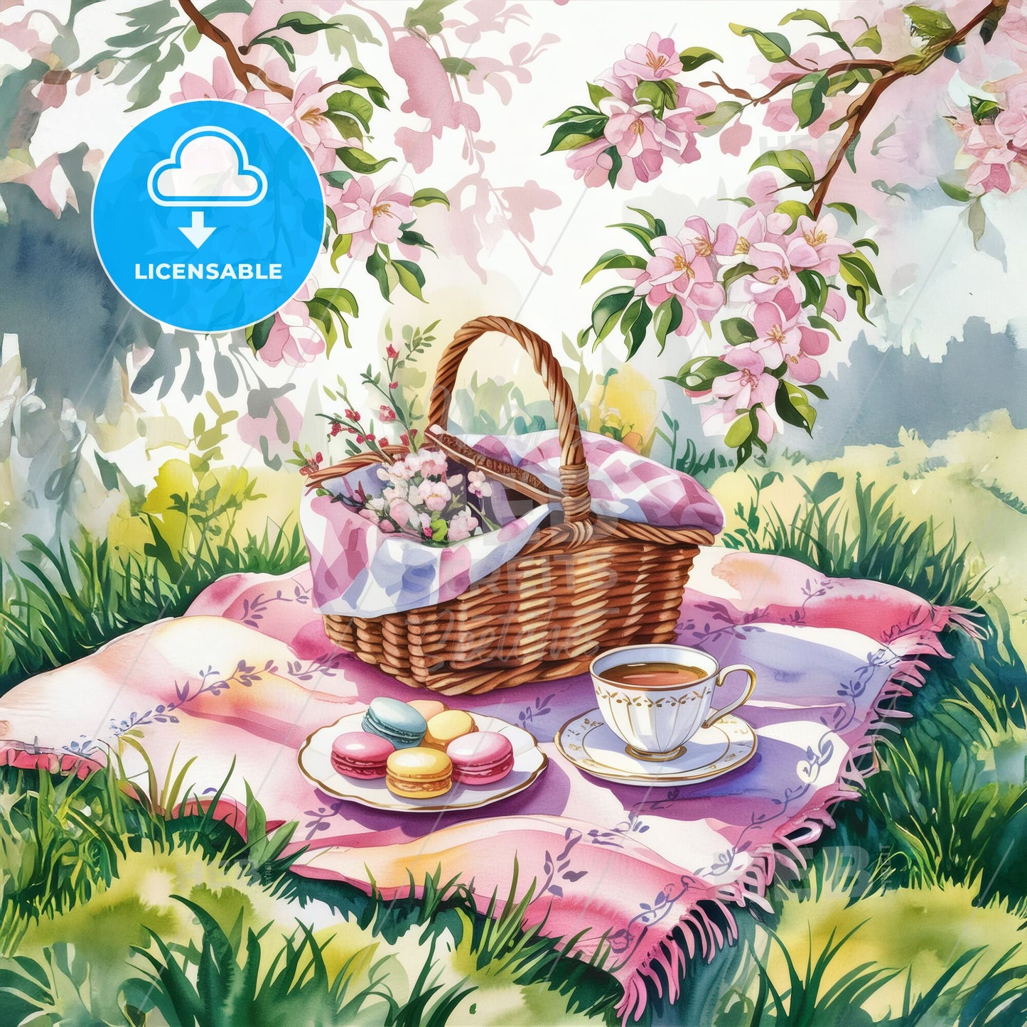 Whispers of Spring: Enchanted Garden Picnic – A Watercolor Dreamscape
