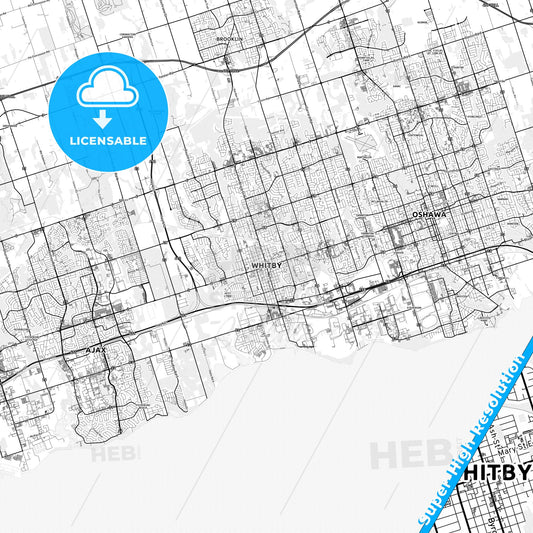 Whitby, Canada light map with streetnames, citynames and districts
