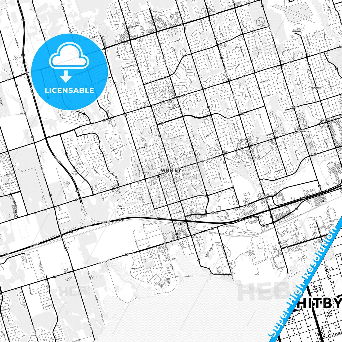 Whitby, Canada Light Map with Street Names, City Names, and Districts