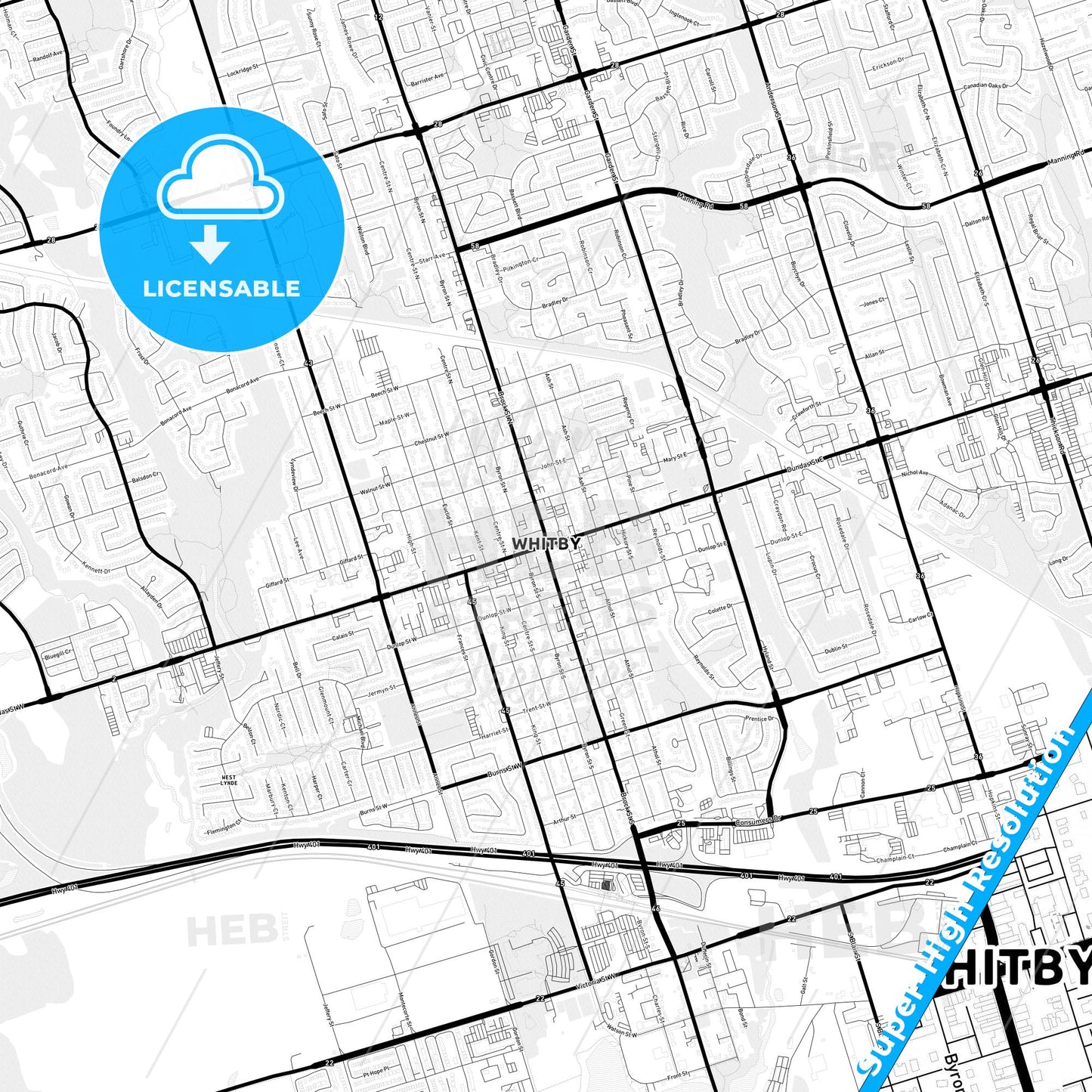 Whitby, Canada Light Map with Street Names, City Names, and Districts