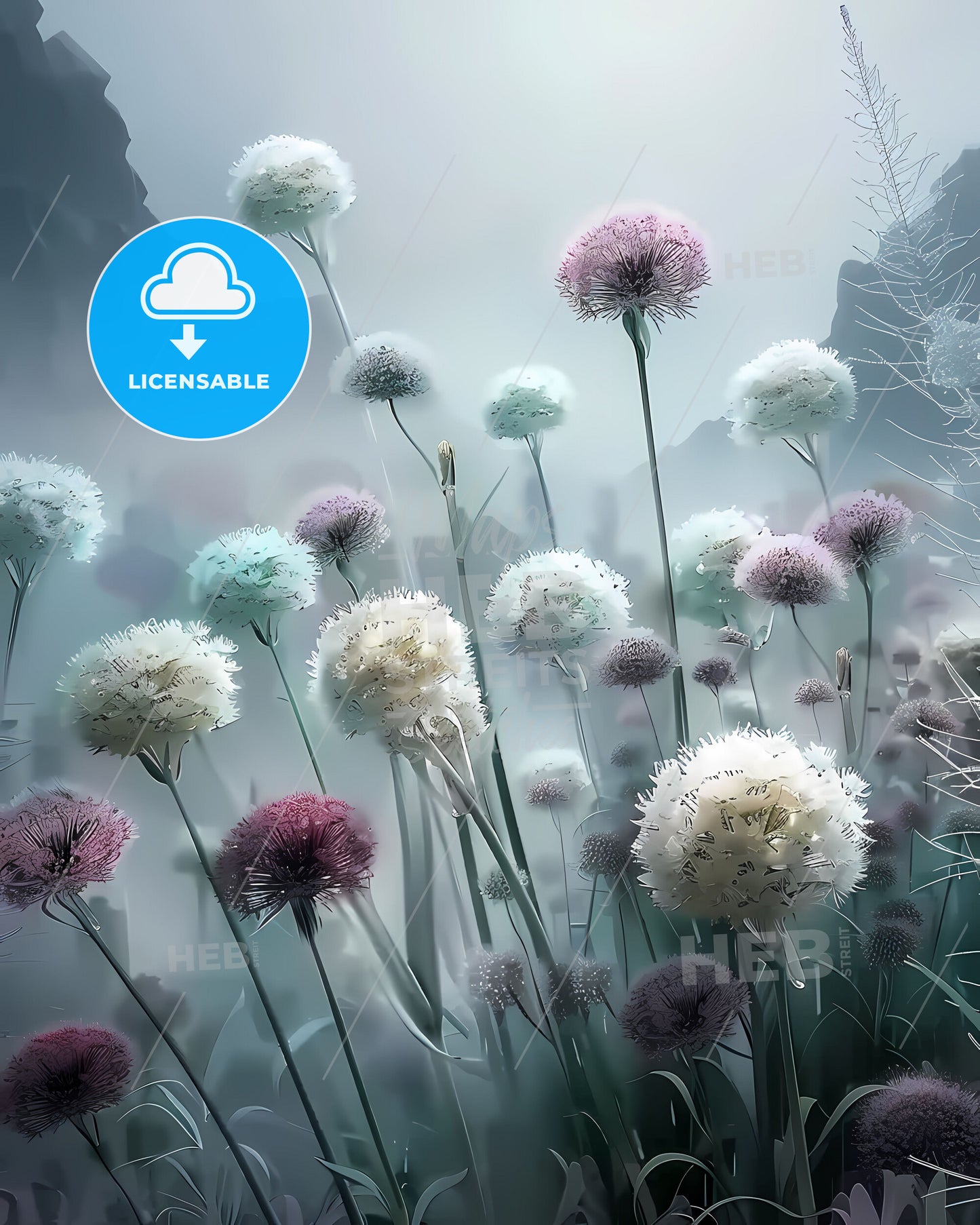 Vibrant Underwater Artwork: White and Pink Alliums in Intricate Foggy Field, Blending Grays and Greens