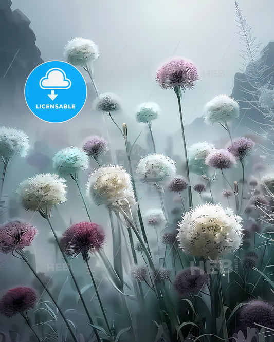 Vibrant Underwater Artwork: White and Pink Alliums in Intricate Foggy Field, Blending Grays and Greens