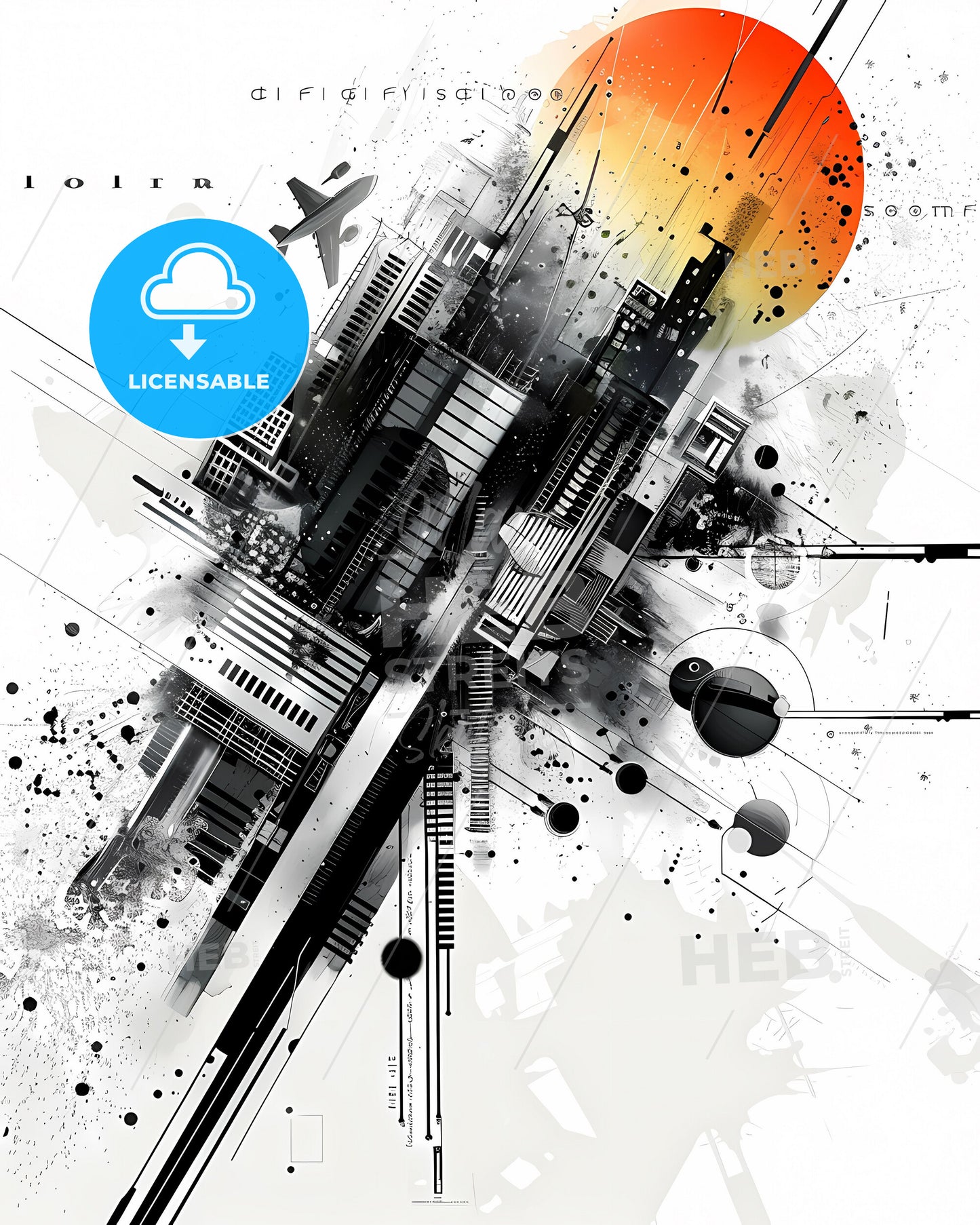 Vibrant Multilayered City Art: Abstract Painting with Text, Drawings, Letters, Lines, Brands, and Geometry