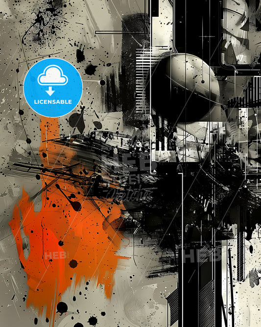 Abstract Geometric Painting: Black and Orange Collage Artwork with Text and Lines