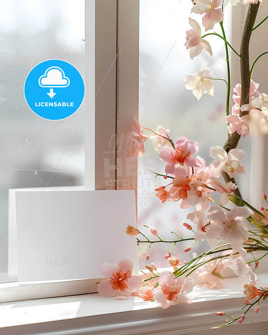 High-Resolution Pastel Minimalist White Card Mockup with Realistic Vibrant Pink Flowers, Orchids, and Blurred Window Frame