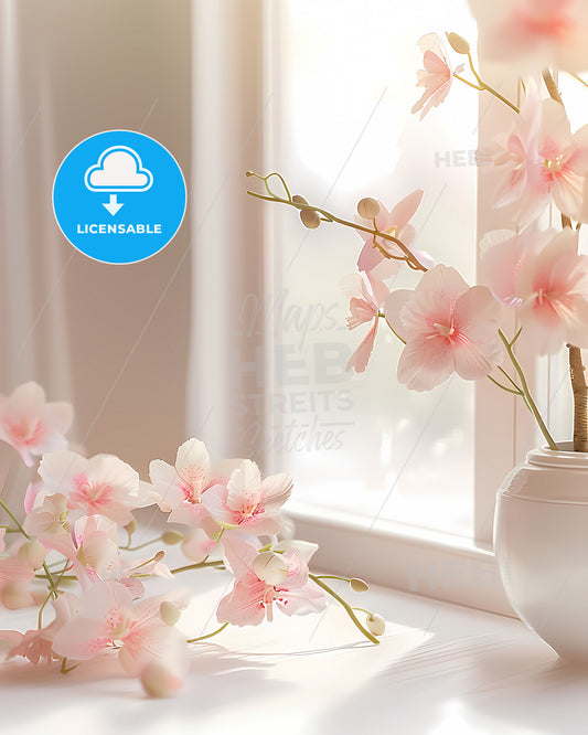 Minimalistic White Blank Card Mockup, Pastel Floral and Orchids, Blurred Window, High-Resolution, Hyper-Realistic, Vibrant Painting, Art, White Background