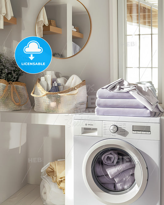 White and purple laundry room decor with complementary colored items, natural wood elements, painting, open washing machine with towels