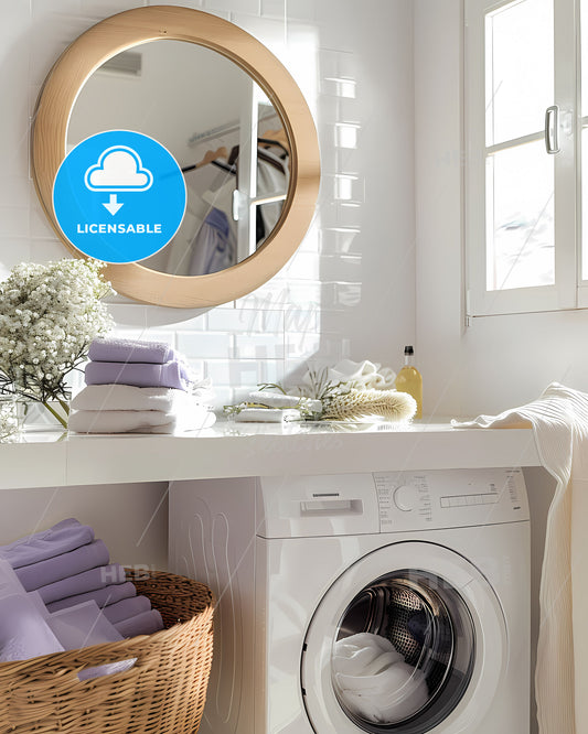 Light purple contemporary laundry room with vibrant artwork, open washing machine, colorful laundry essentials, wood accents, and large round mirror