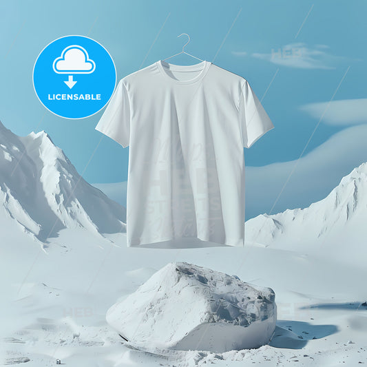 White T-shirt product photography floating on a swing in a snowy mountain landscape, detailed high-resolution image with rich color and contrast