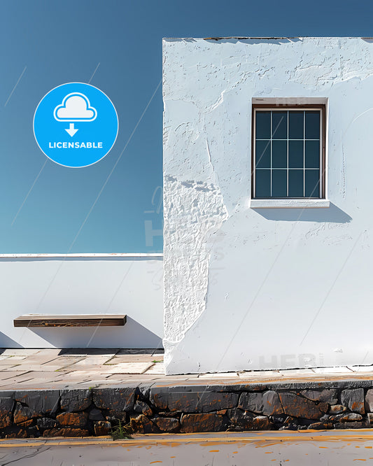 Contemplative Minimalist White Wall Frontage with Window, Blue Sky, and Bench, Realistic Tabletop Photography, Color-Blocked Shapes, Vibrant Painting, Art