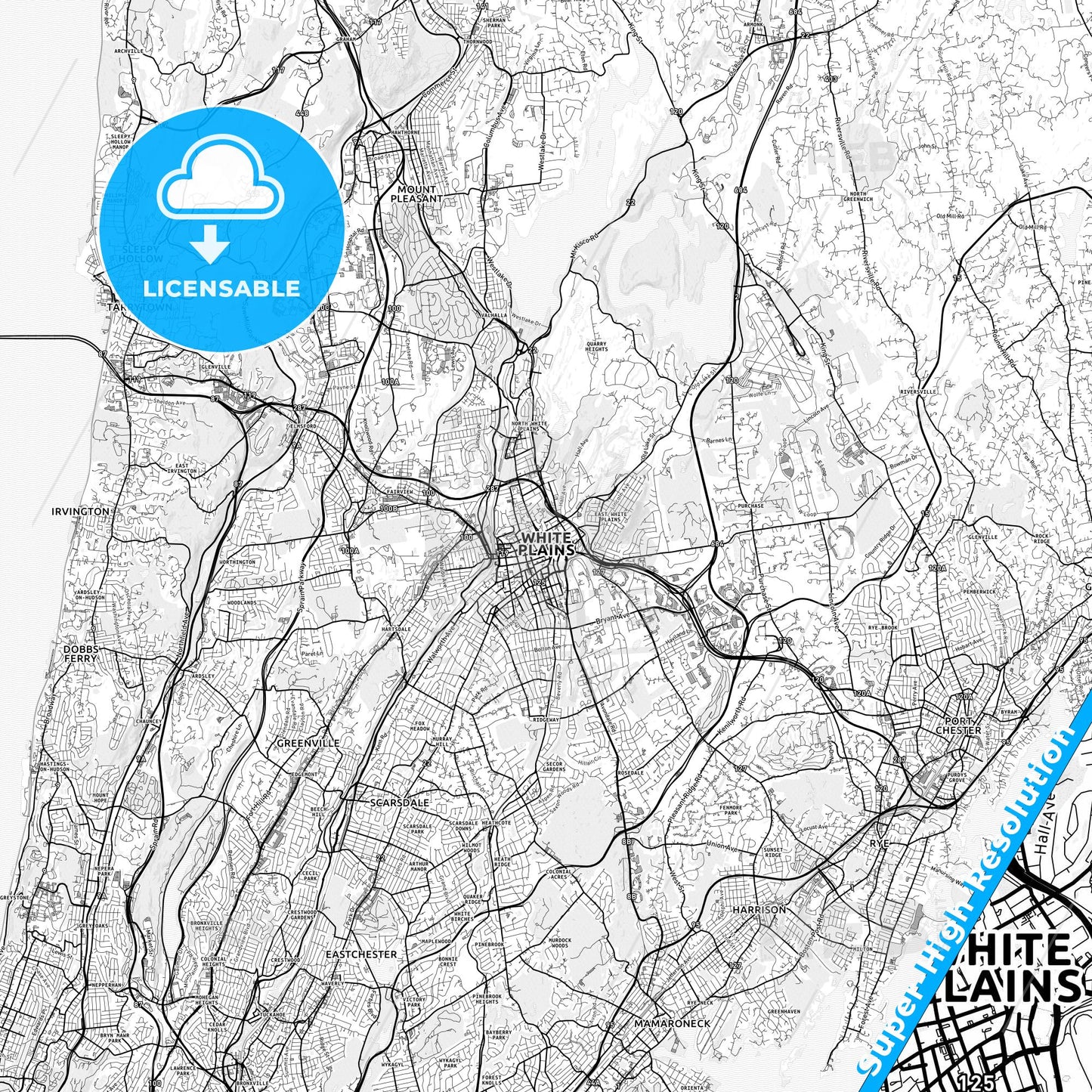 White Plains, New York light map with streetnames, citynames and districts