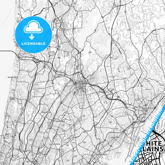 White Plains, New York light map with streetnames, citynames and districts