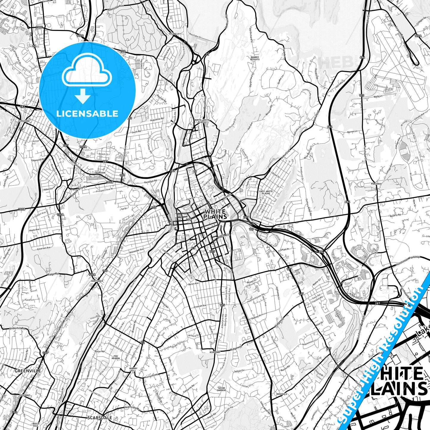 White Plains, New York Light Map with Street Names, City Names, and Districts