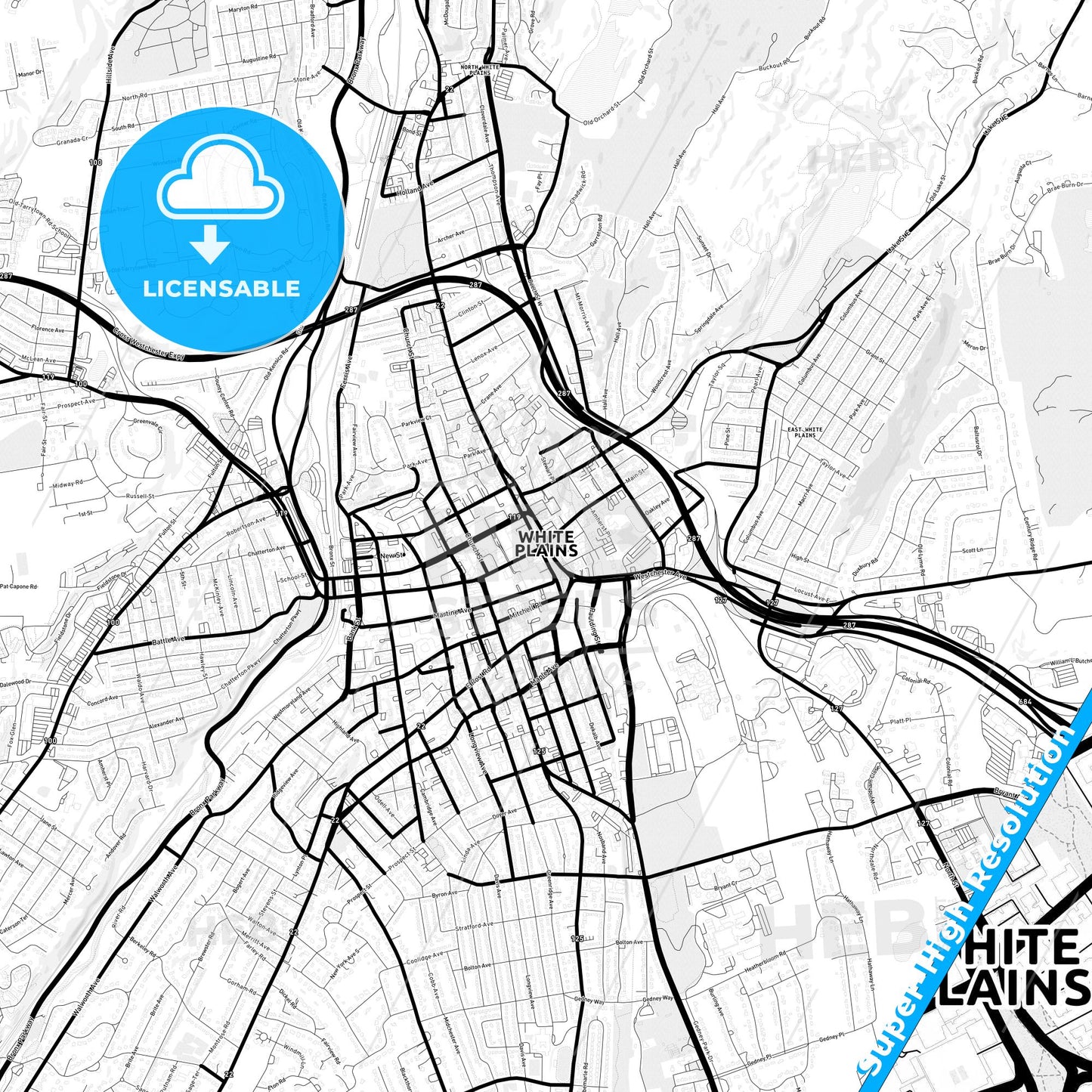 White Plains, New York Light Map with Street Names, City Names, and Districts