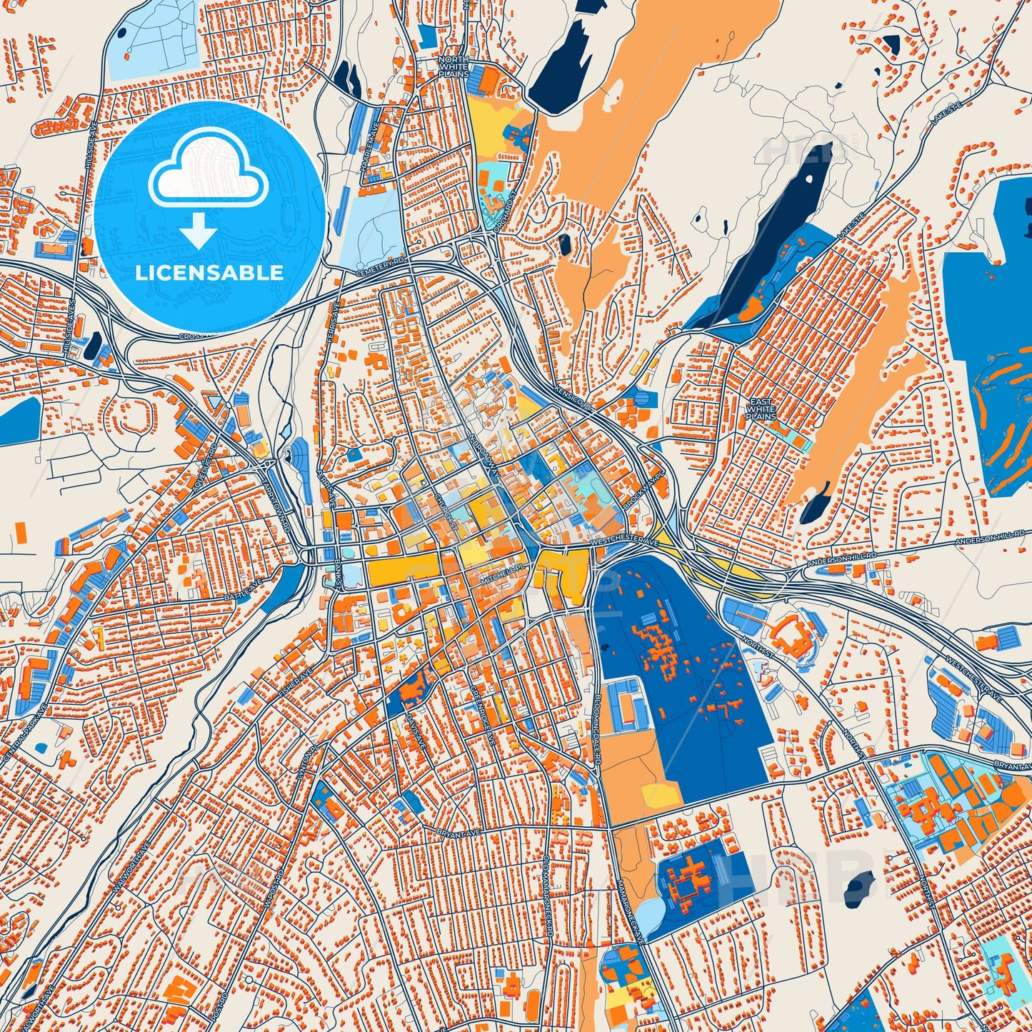 Colorful White Plains Street Map with Labels and Buildings