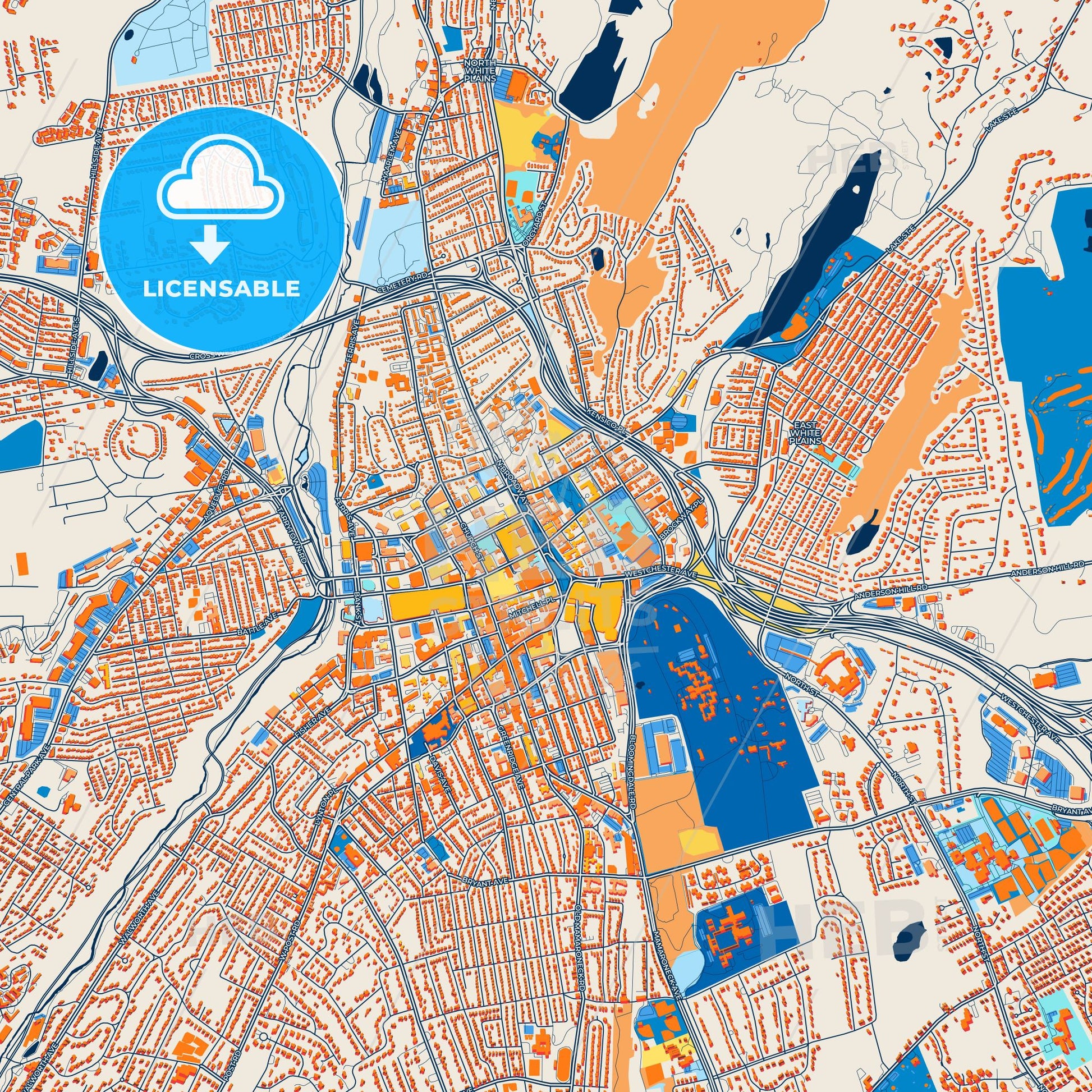 Colorful White Plains Street Map with Labels and Buildings
