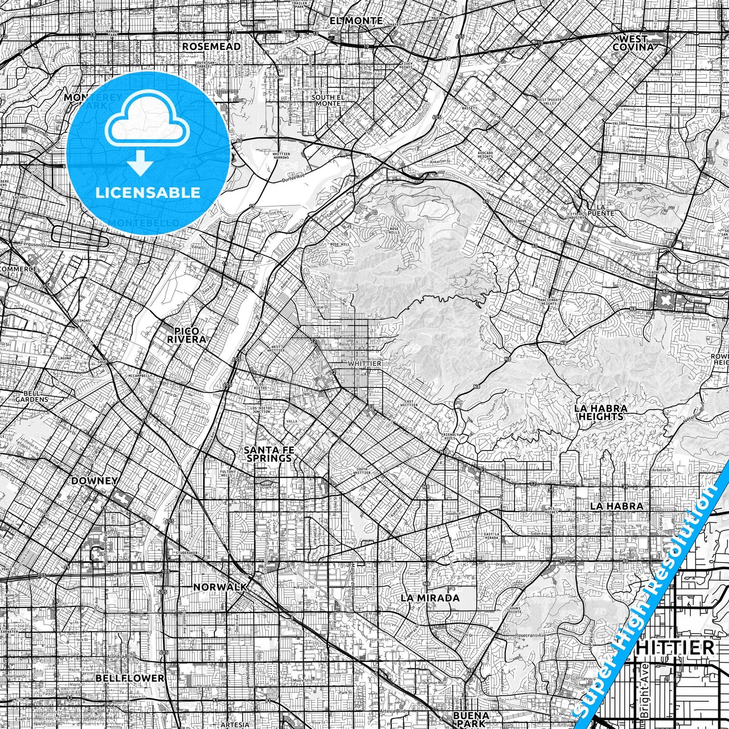 Whittier, California light map with streetnames, citynames and districts