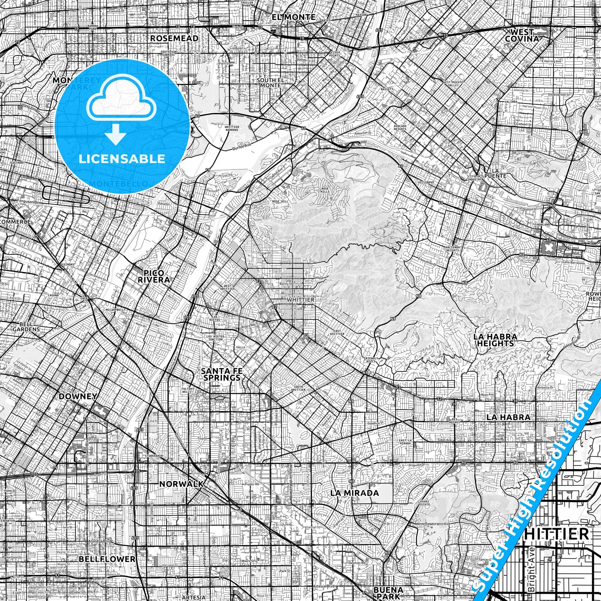 Whittier, California light map with streetnames, citynames and districts