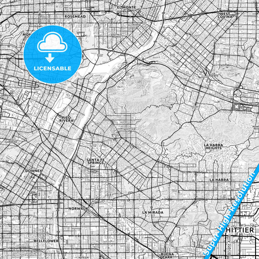 Whittier, California light map with streetnames, citynames and districts