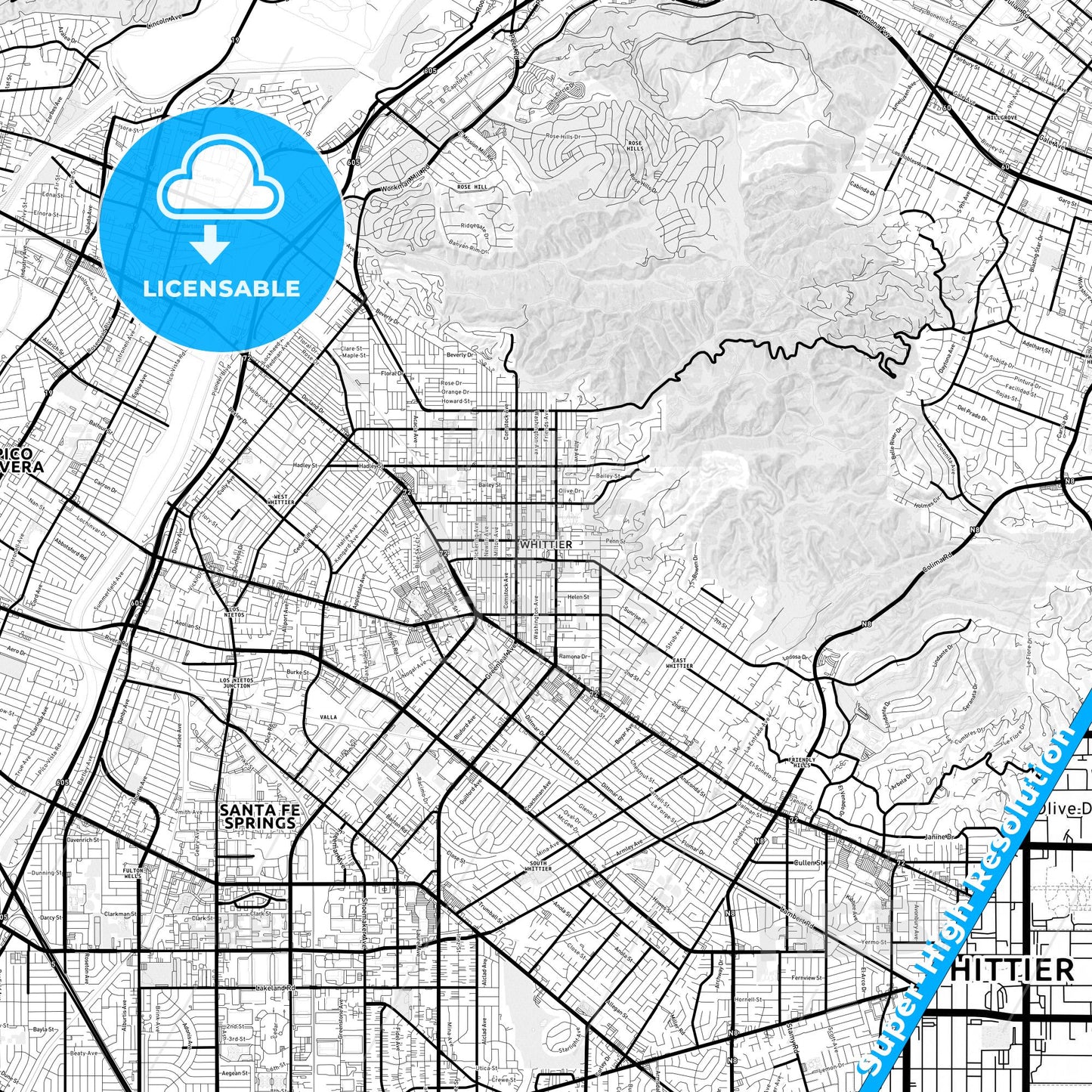 Whittier, California Light Map with Street Names, City Names, and Districts