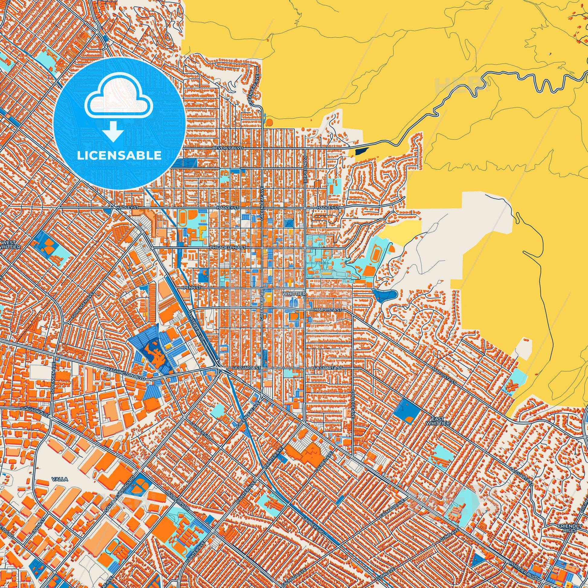 Colorful Whittier Street Map with Labels and Buildings