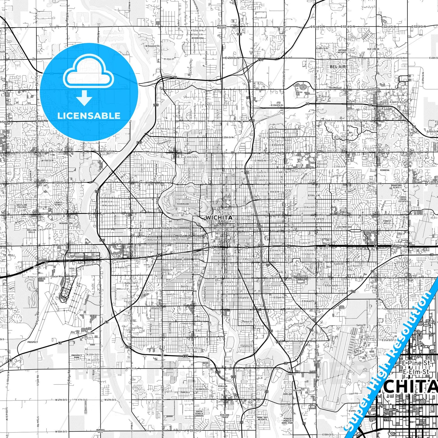 Wichita, Kansas light map with streetnames, citynames and districts