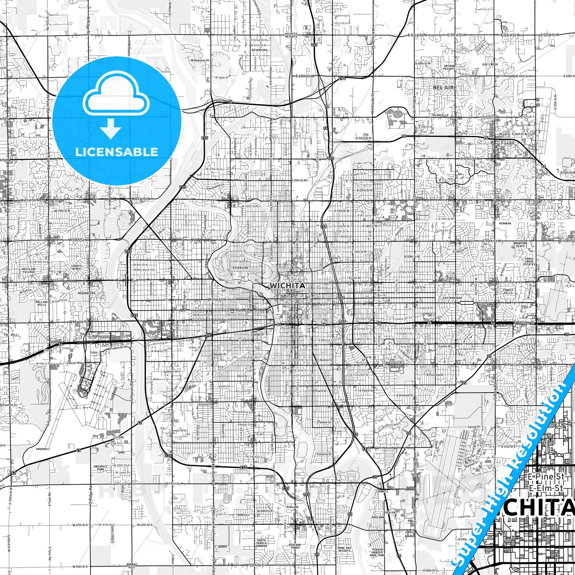 Wichita, Kansas light map with streetnames, citynames and districts