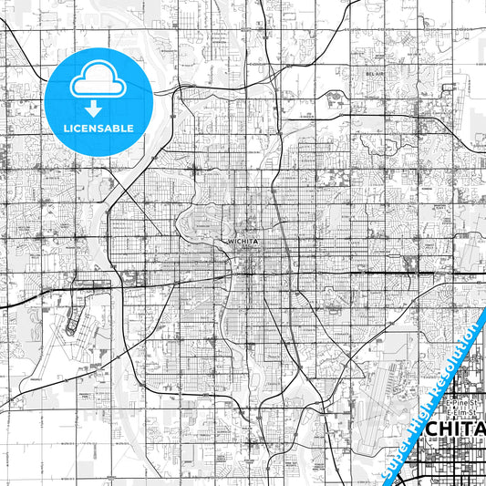 Wichita, Kansas light map with streetnames, citynames and districts