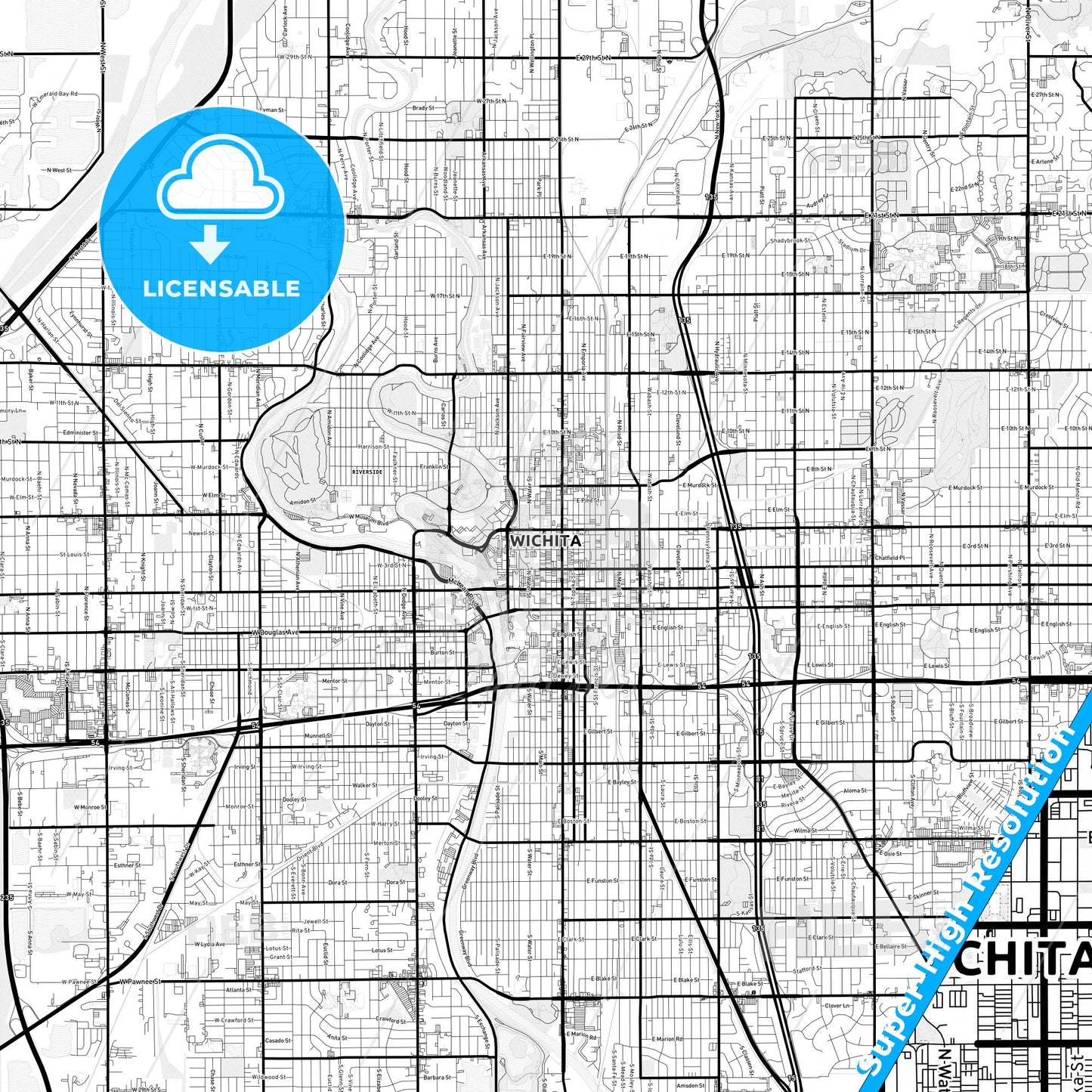 Wichita, Kansas Light Map with Street Names, City Names, and Districts