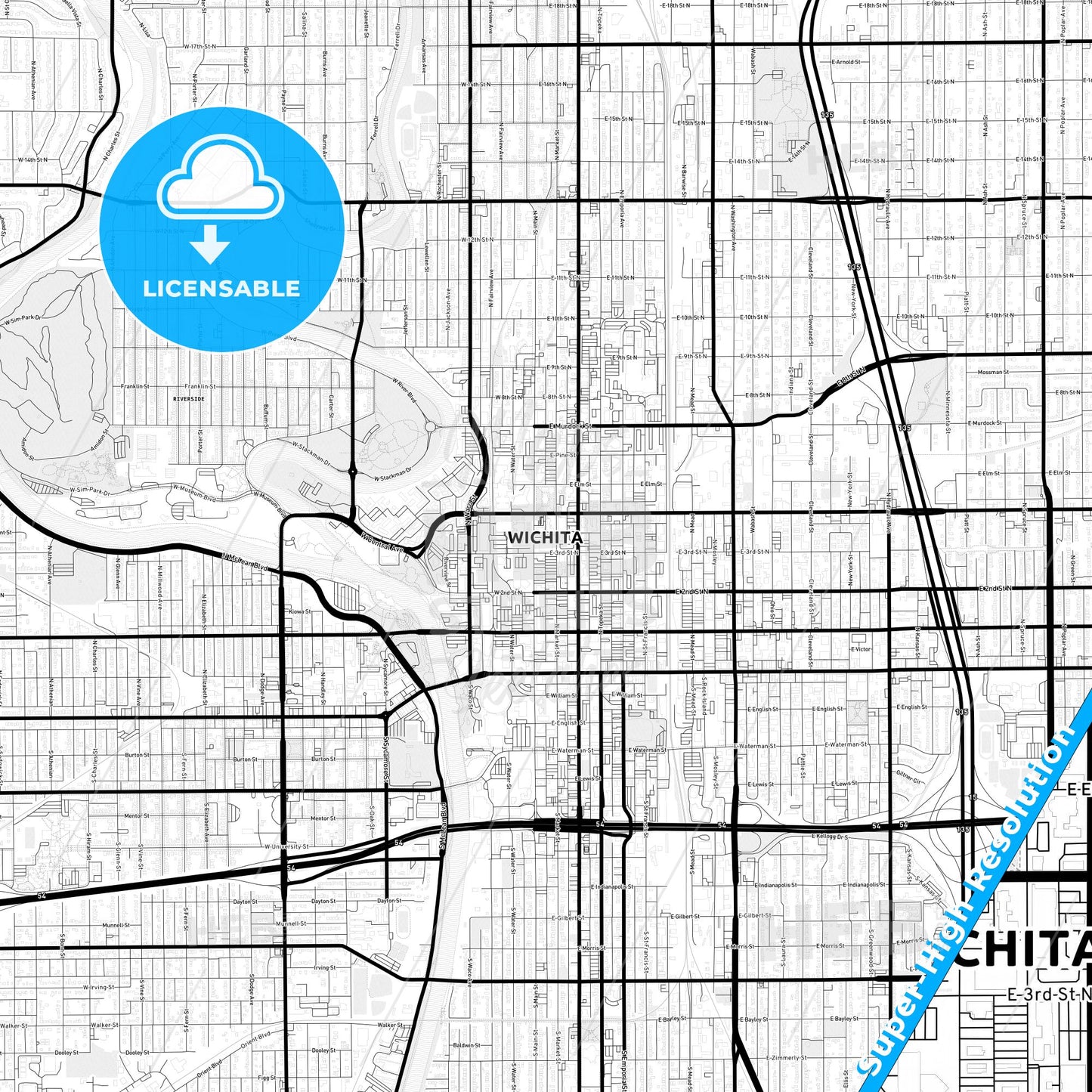 Wichita, Kansas Light Map with Street Names, City Names, and Districts