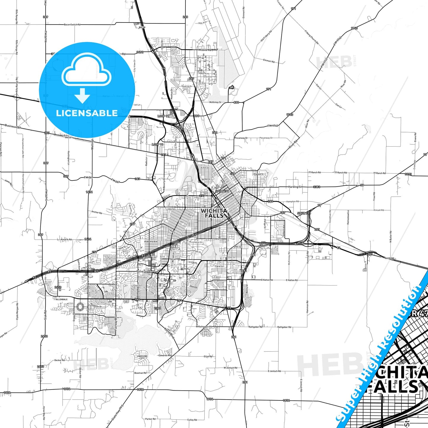 Wichita Falls, Texas Light Map with Street Names, City Names, and Districts