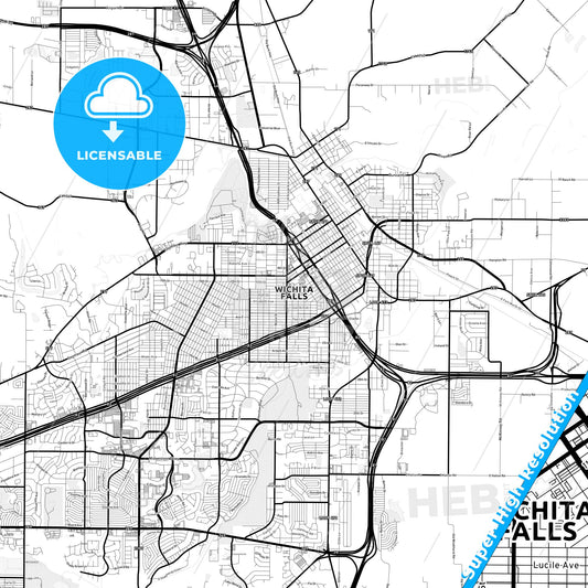 Wichita Falls, Texas Light Map with Street Names, City Names, and Districts