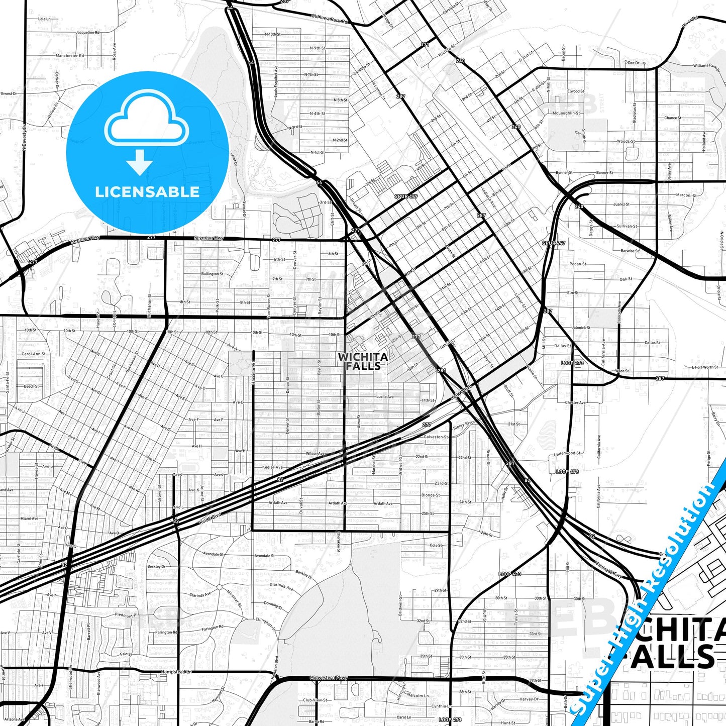 Wichita Falls, Texas Light Map with Street Names, City Names, and Districts