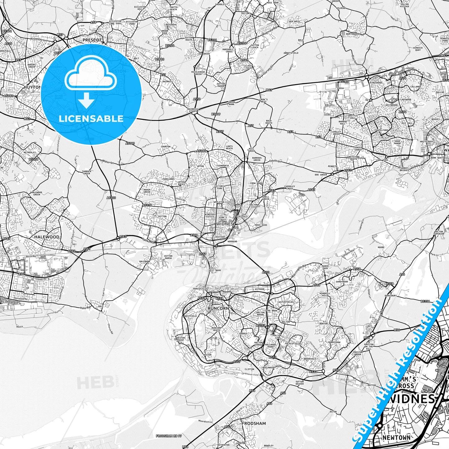 Widnes, England light map with streetnames, citynames and districts