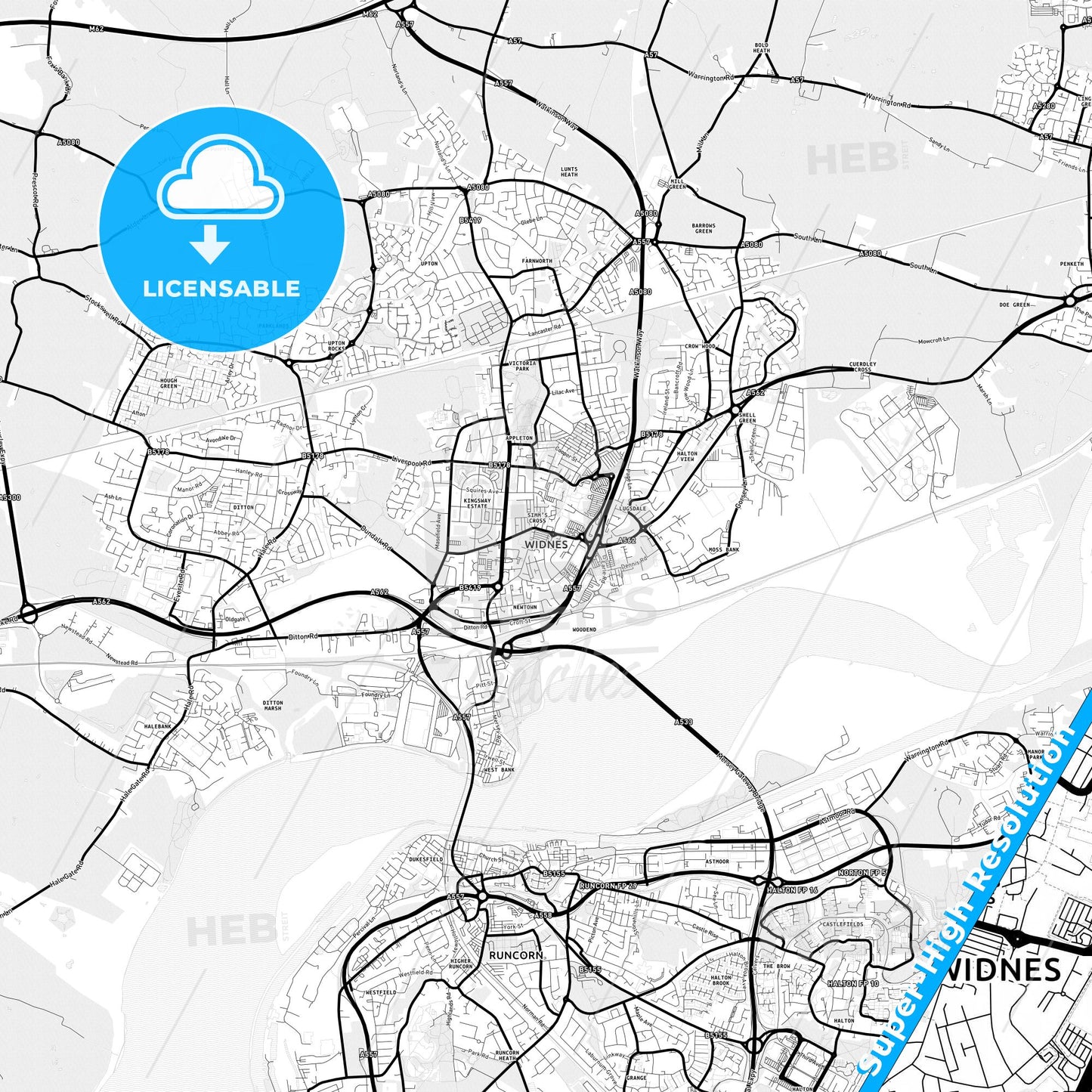 Widnes, England Light Map with Street Names, City Names, and Districts