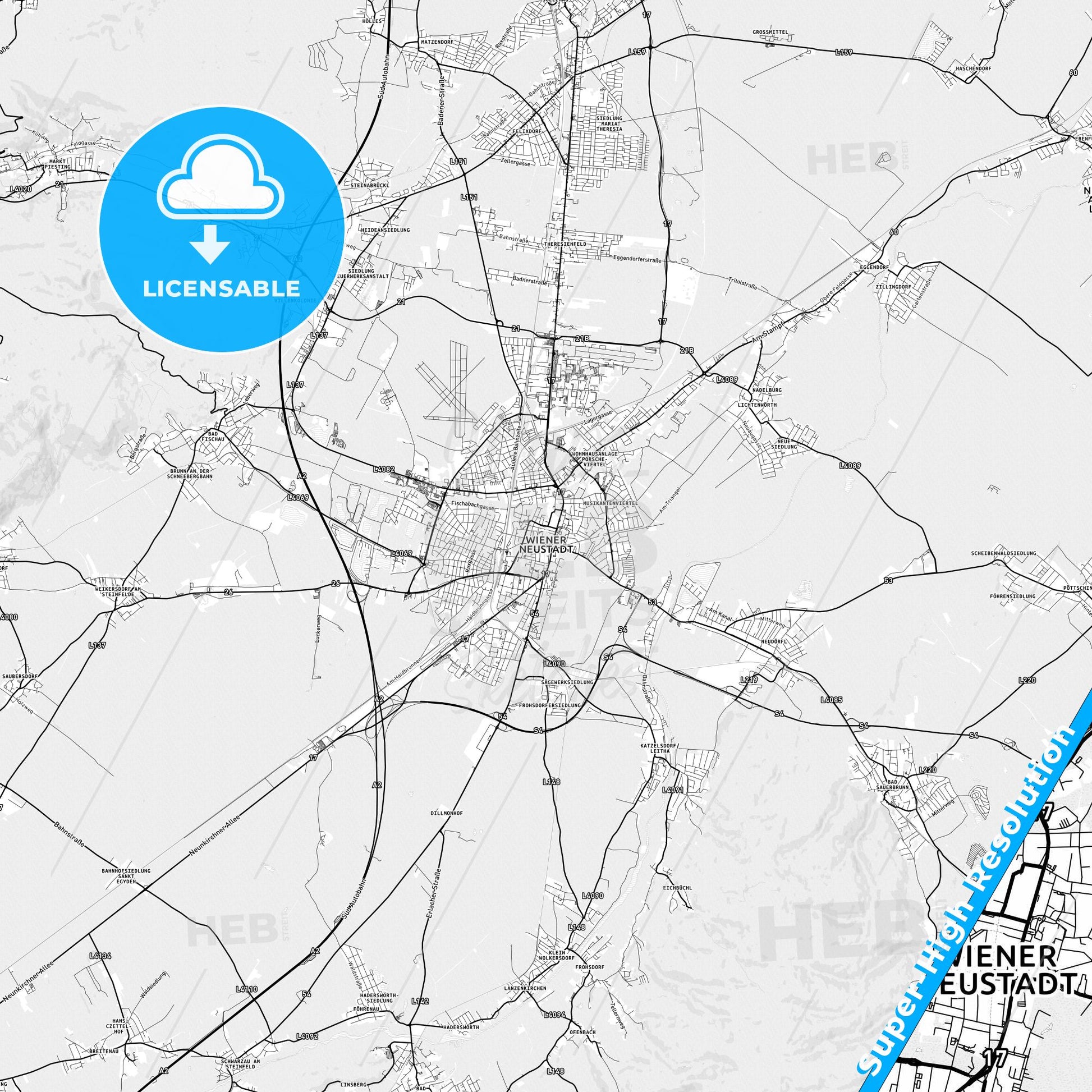 Wiener Neustadt, Austria light map with streetnames, citynames and districts