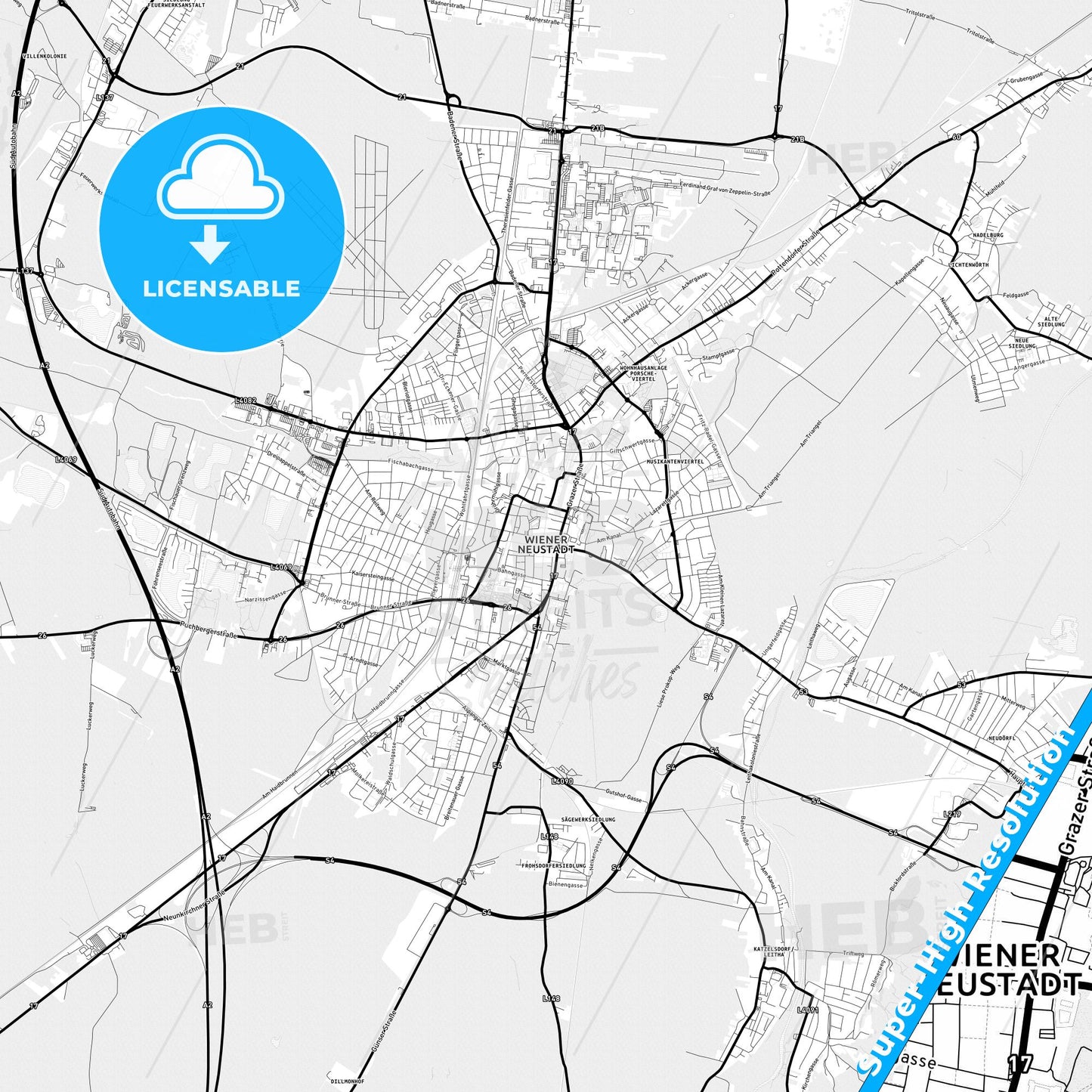 Wiener Neustadt, Austria Light Map with Street Names, City Names, and Districts