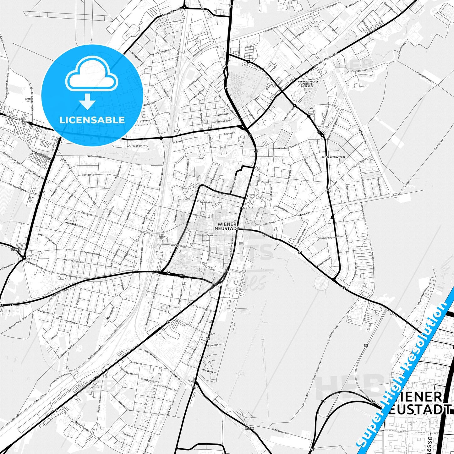 Wiener Neustadt, Austria Light Map with Street Names, City Names, and Districts