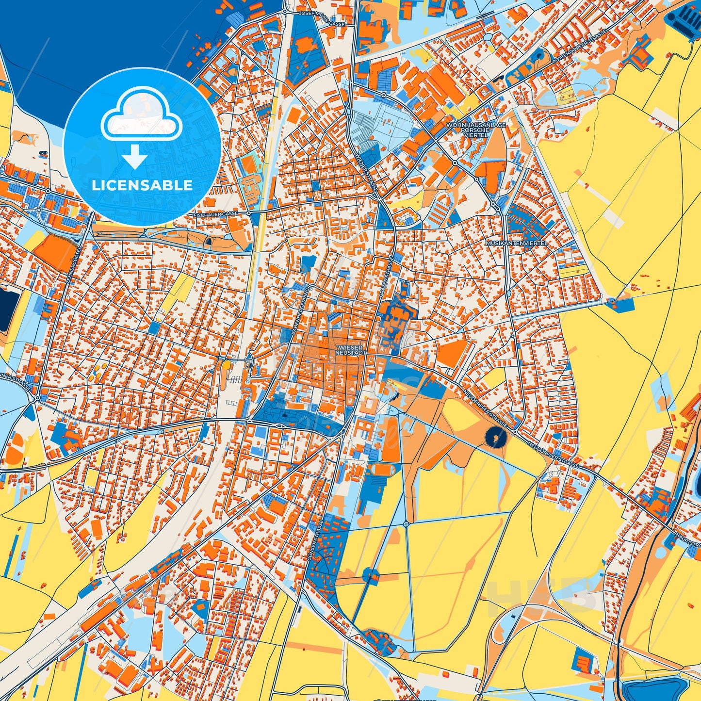 Colorful Wiener Neustadt Street Map with Labels and Buildings