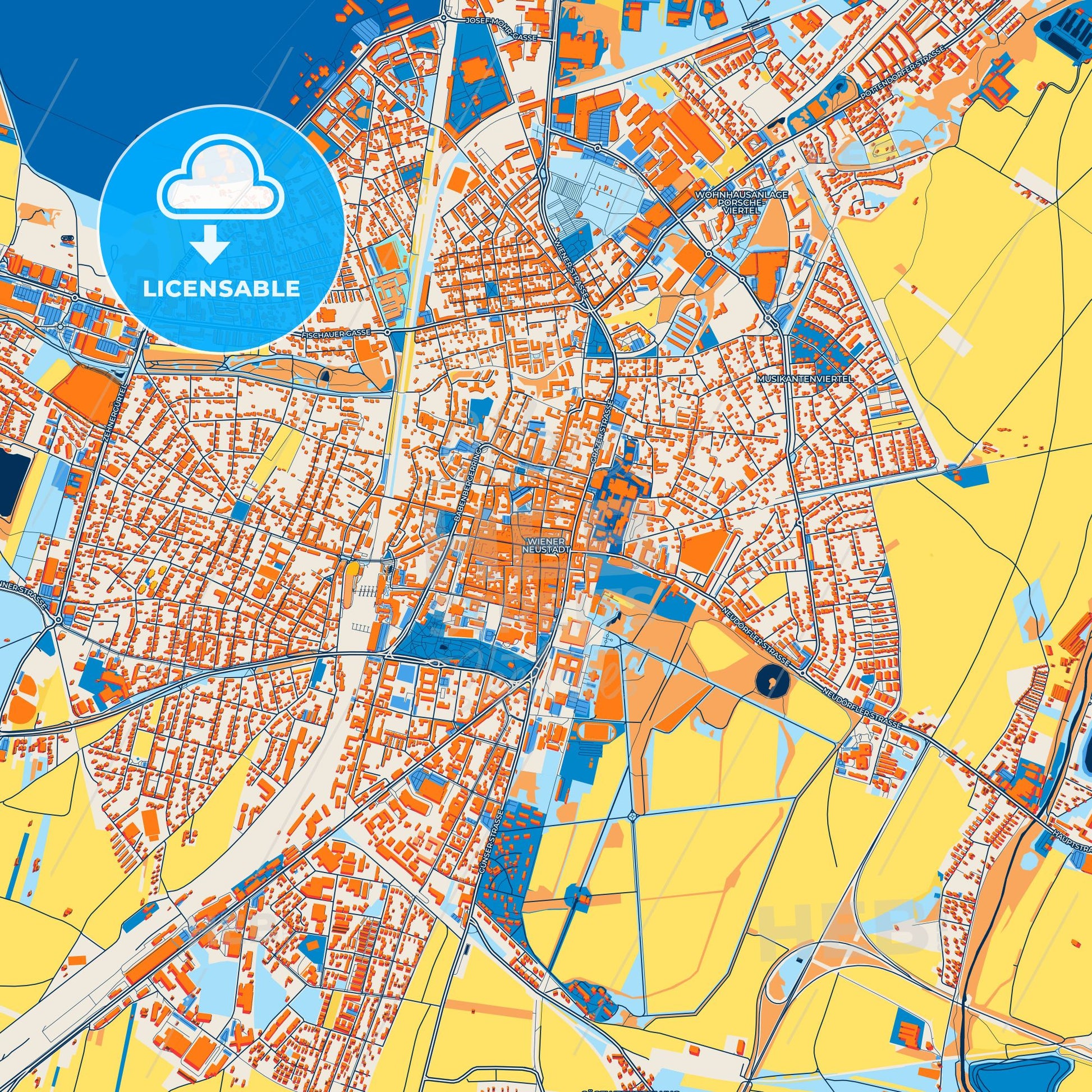 Colorful Wiener Neustadt Street Map with Labels and Buildings
