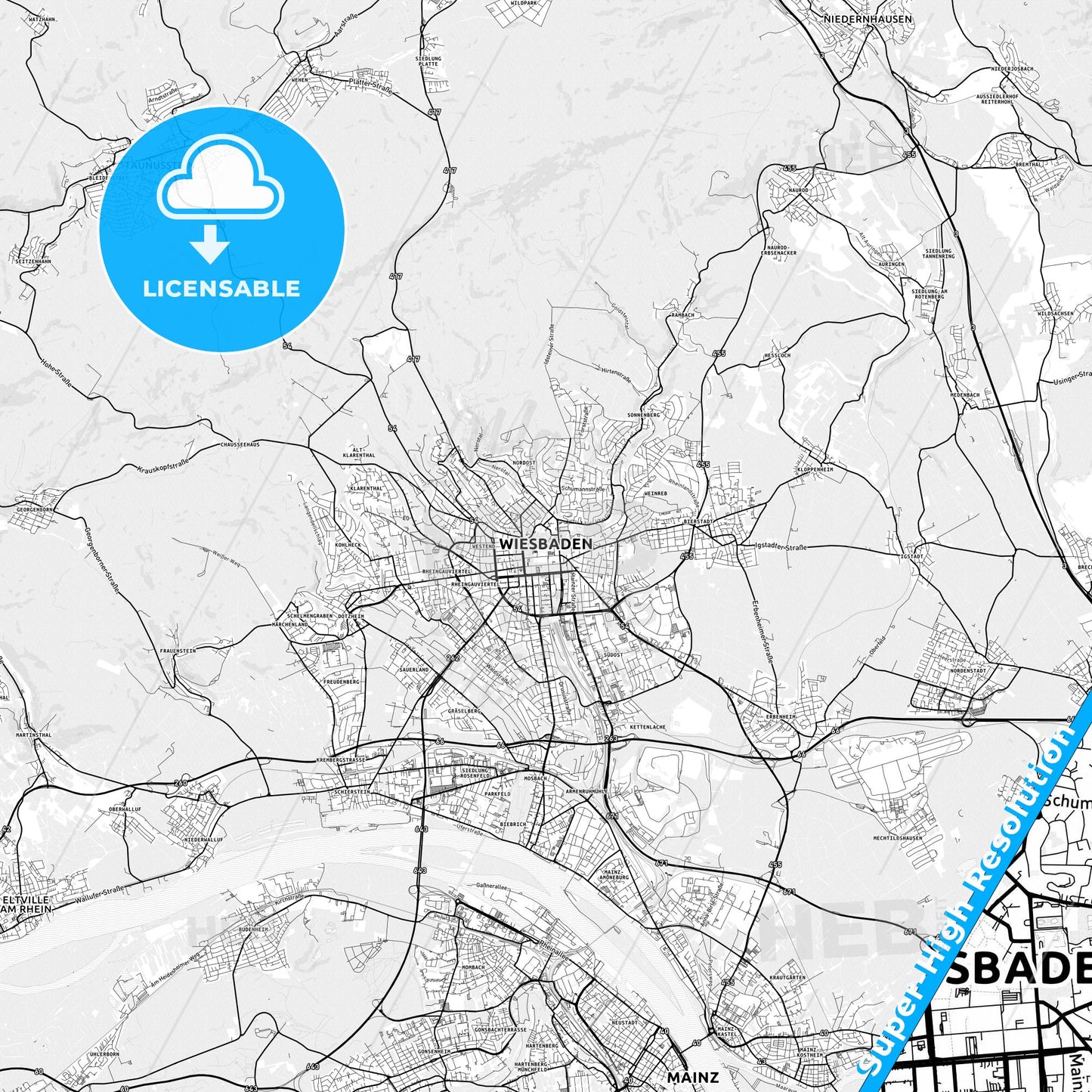 Wiesbaden, Germany light map with streetnames, citynames and districts