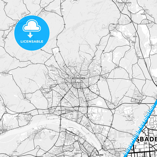 Wiesbaden, Germany light map with streetnames, citynames and districts