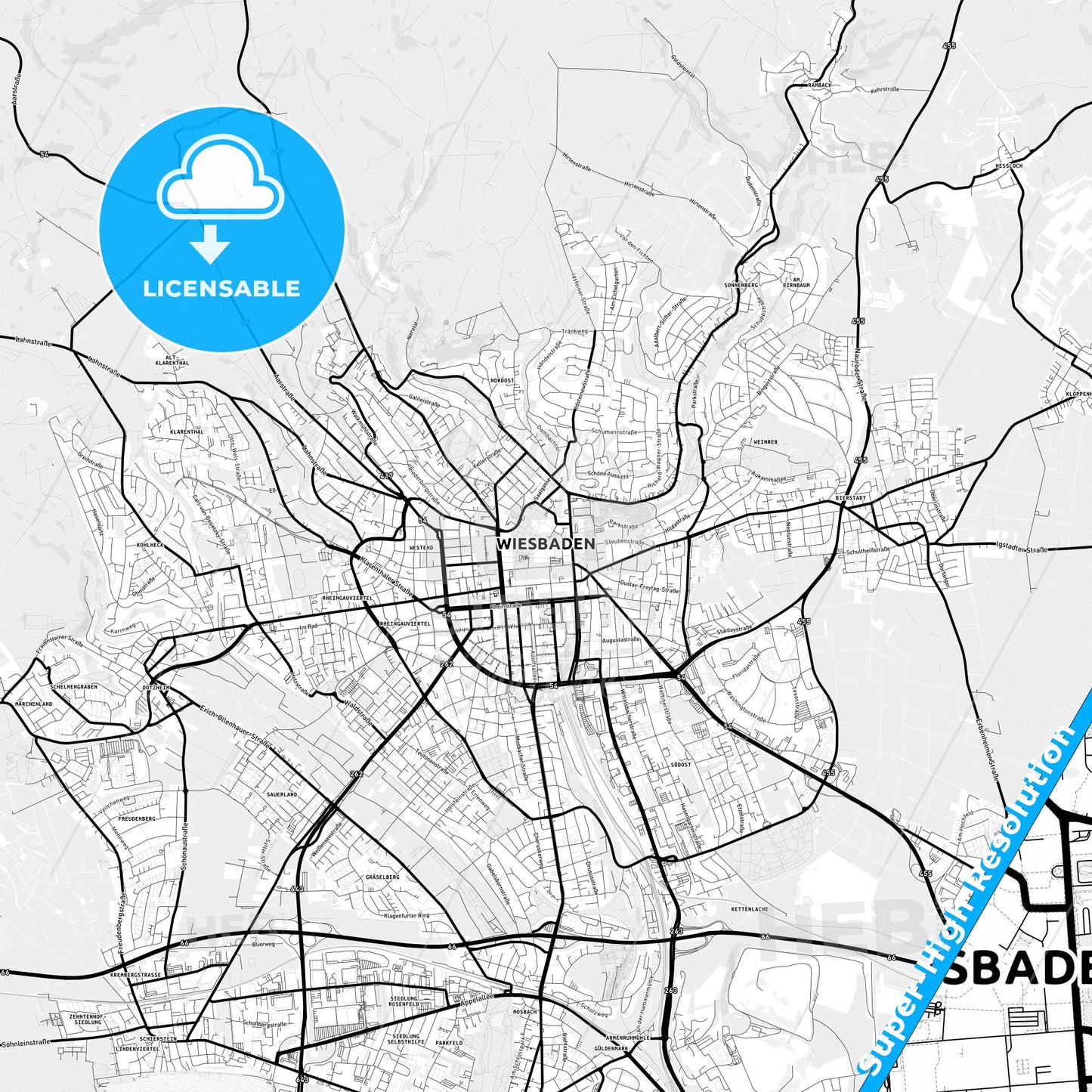 Wiesbaden, Germany Light Map with Street Names, City Names, and Districts