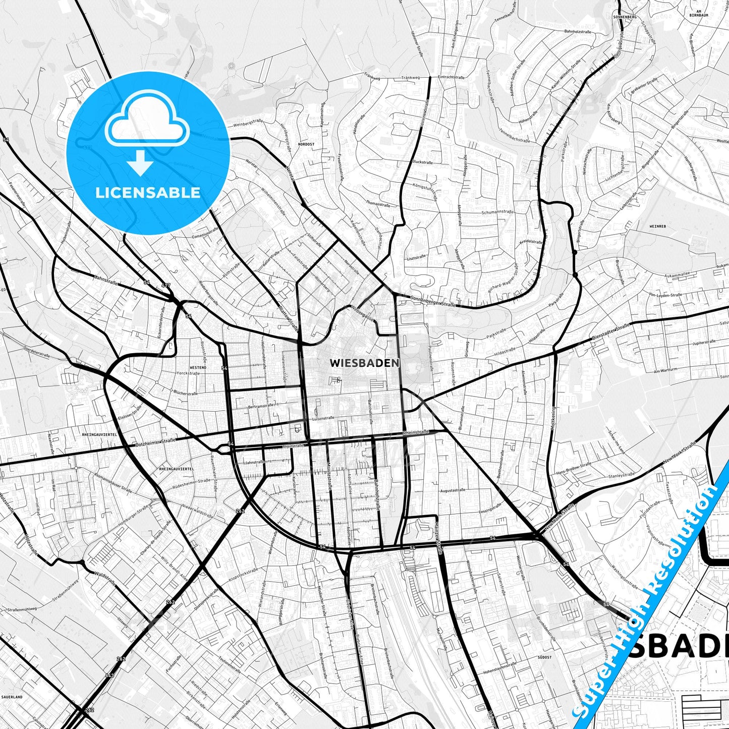 Wiesbaden, Germany Light Map with Street Names, City Names, and Districts